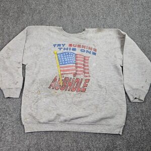Vintage 90s Patriotic Flag Crewneck Sweatshirt XL Made USA Gray Grunge Workwear